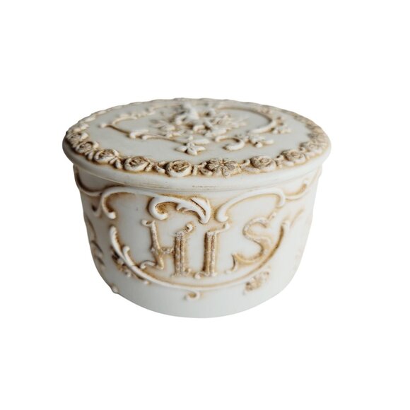 Lefton Other - Vintage Lefton Trinket Box Bisque Cherub Design Round Nightstand Container With